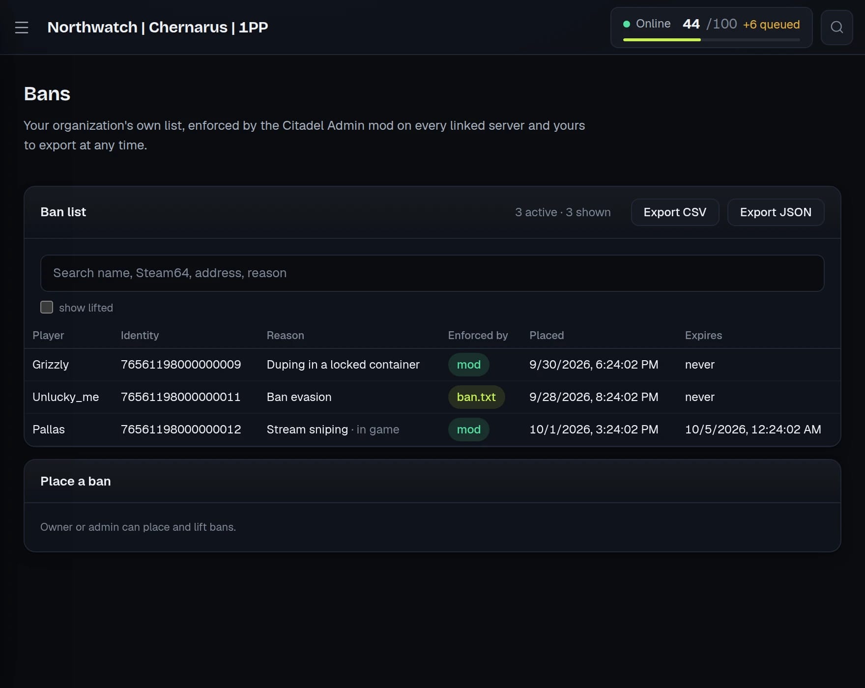 The Bans screen: the organization's ban list with the reason, who enforces it, when it was placed and when it expires, with CSV and JSON export.