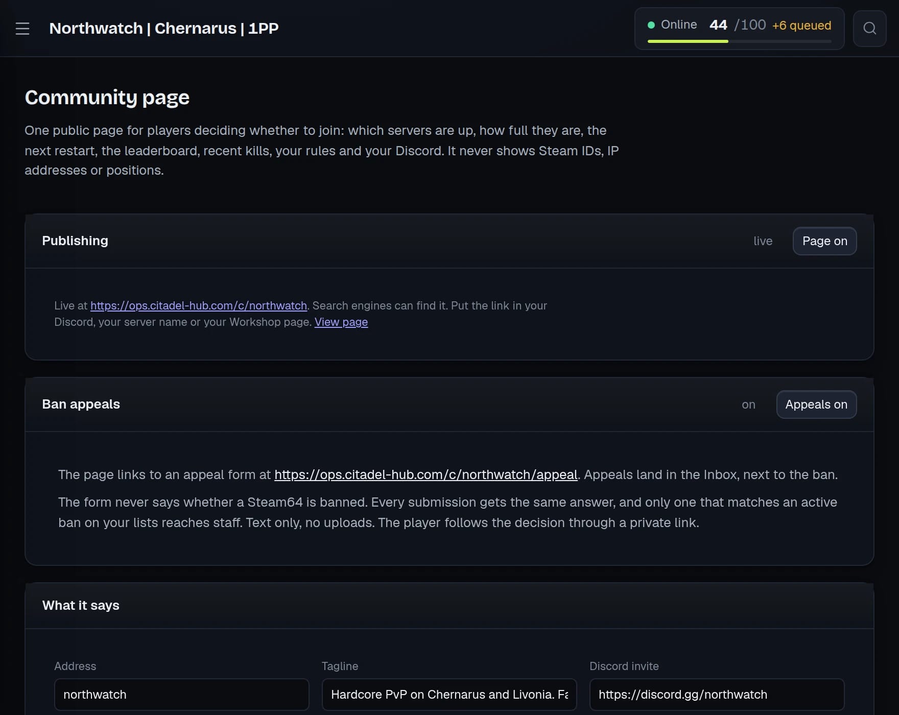 Community page settings: the public address, tagline, Discord invite, rules, and switches for the leaderboard and recent kills.