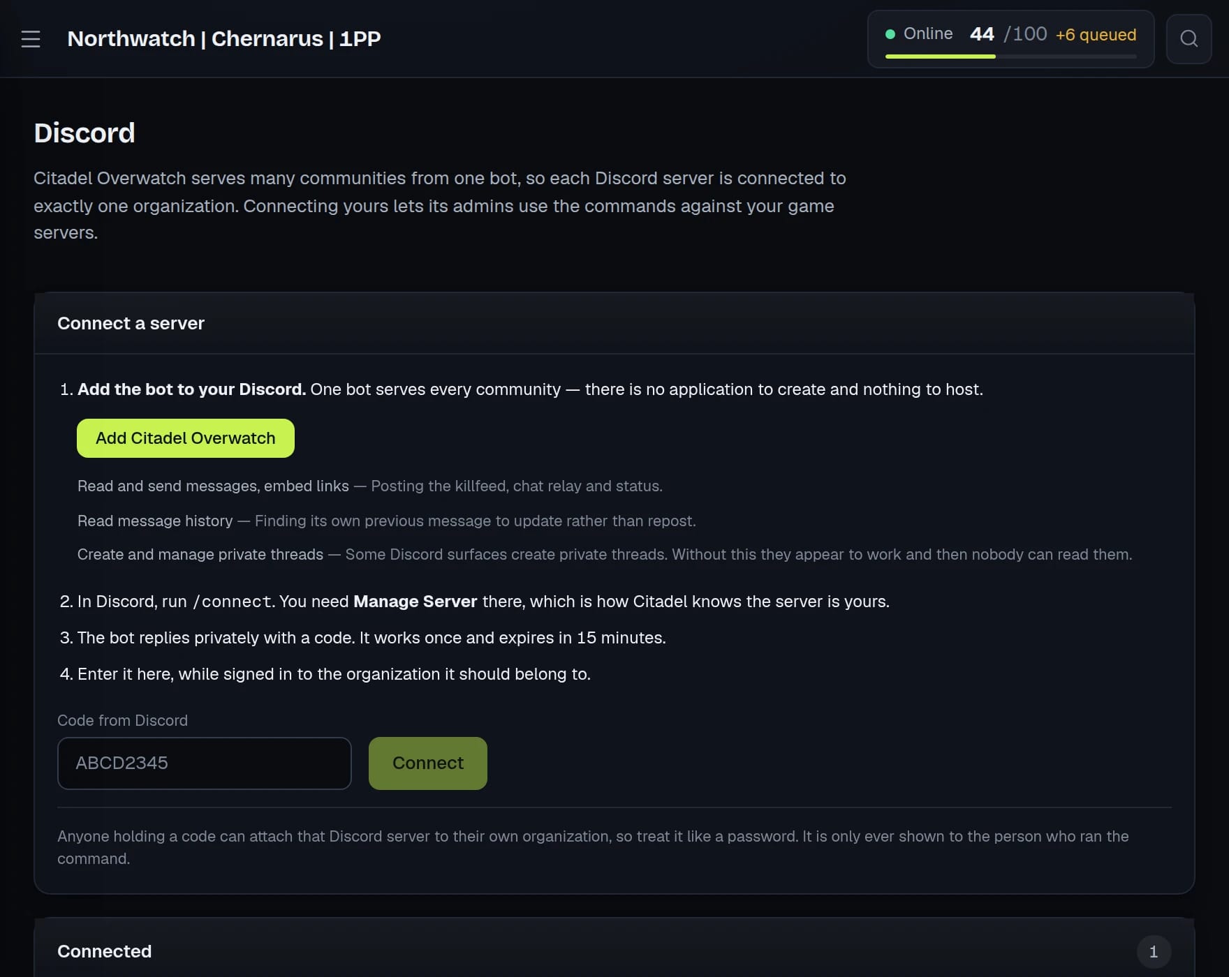 The Discord screen: add the bot, run /connect, enter the one-time code, with the connected Discord server shown.