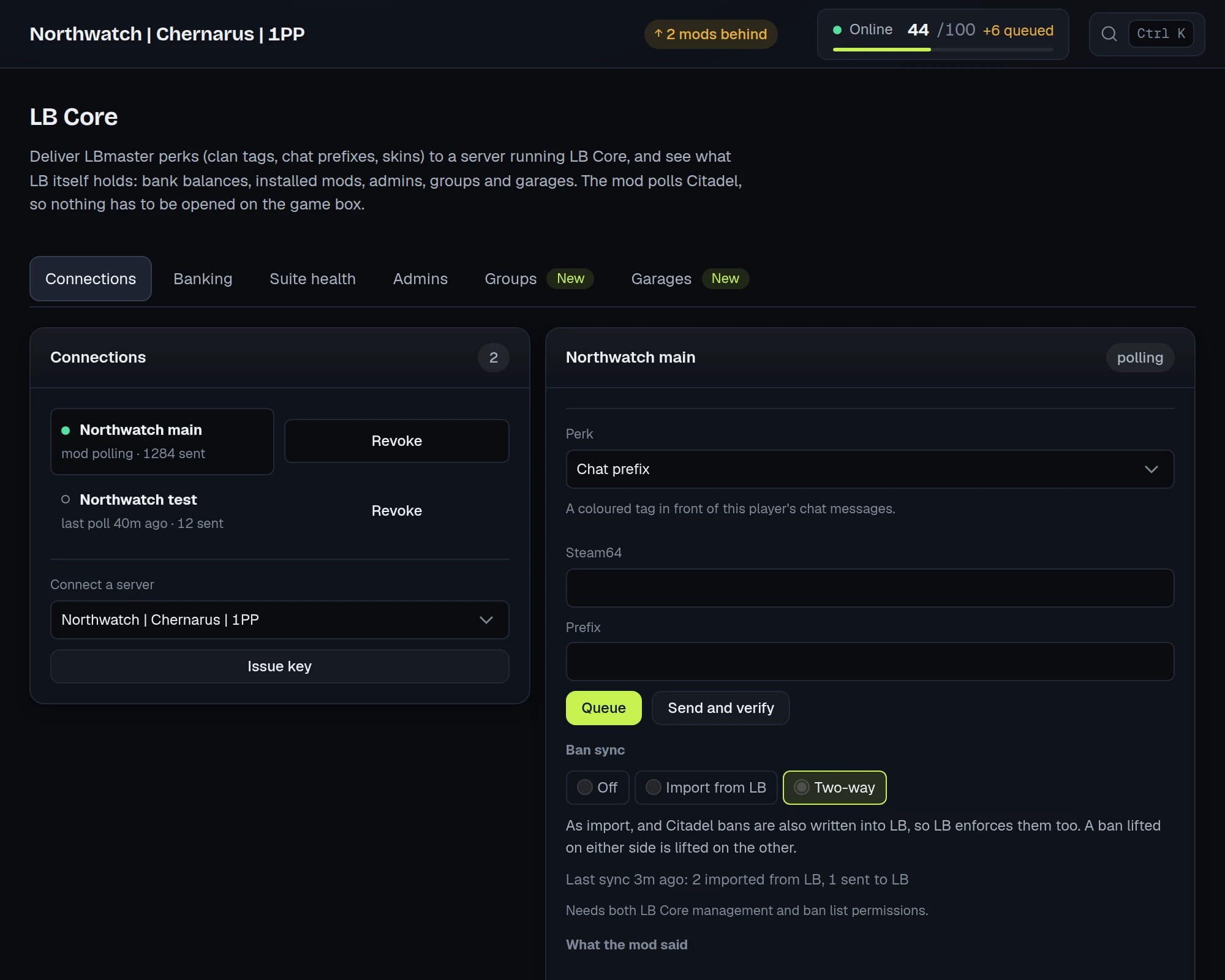 The LB Core screen: connected servers, a perk queued for a player with Send and verify, ban sync, and what the mod said back.