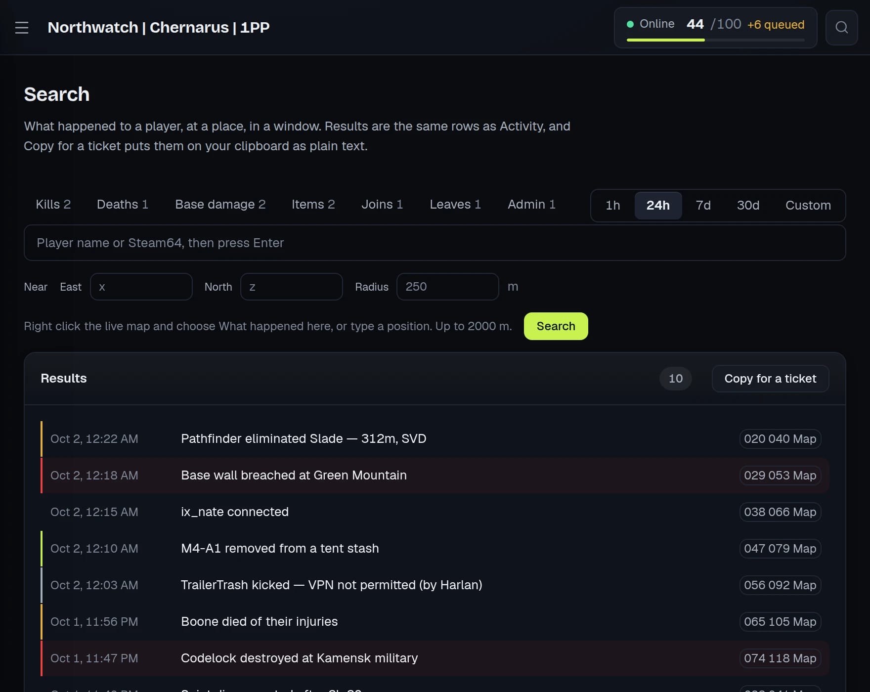 Search results: kills, base damage, joins and admin actions for the last day, each with a time and a map position, and a Copy for a ticket button.